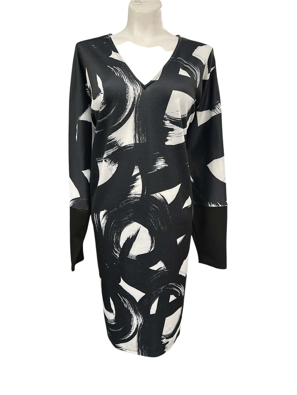 Natori Black & White Brushstroke V-Neck Long-Sleeve Dress Size L